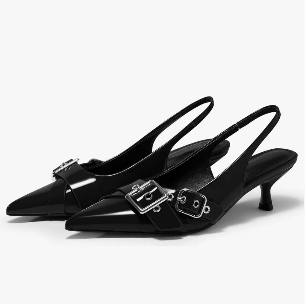 Coutgo Women's Slingback Kitten Heels,NIB,7,Black/Sliver Buckles